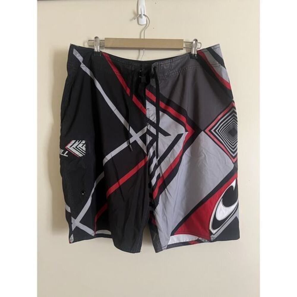 Vintage Y2K Oneill Black Silver Red Striped Surf Board Shorts Size 38